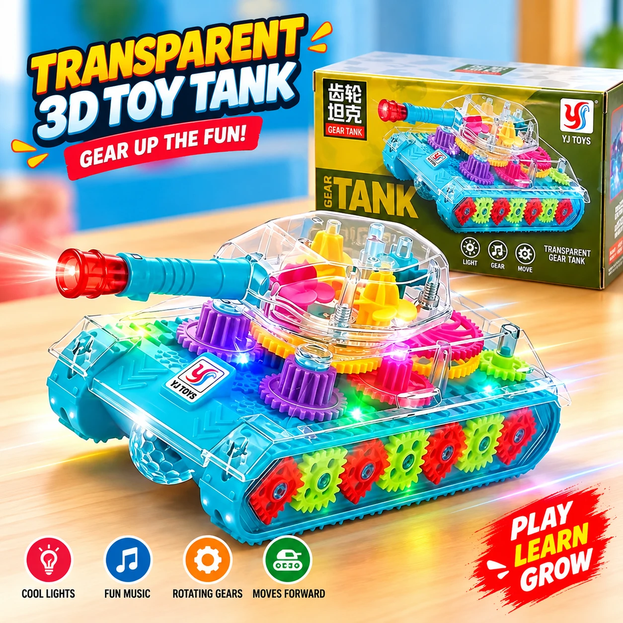 Transparent 3D Mechanical Toy Tank | Flashing Light & Sound Toy for Kids