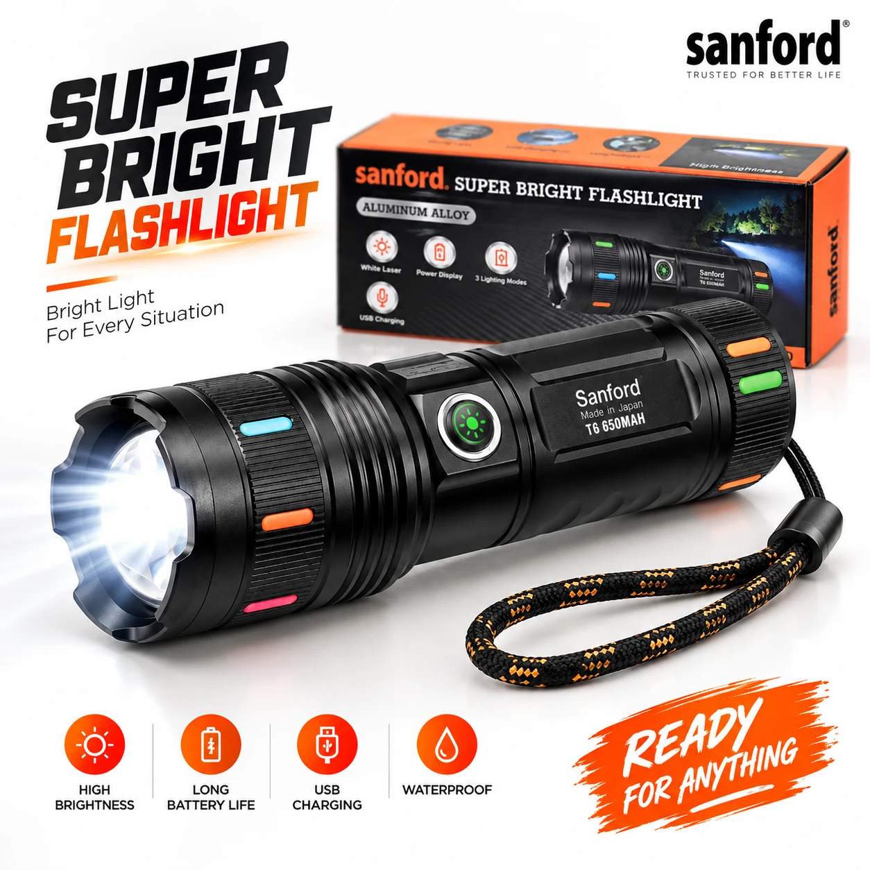 Sanford Super Bright Flashlight | White Laser LED Torch BD