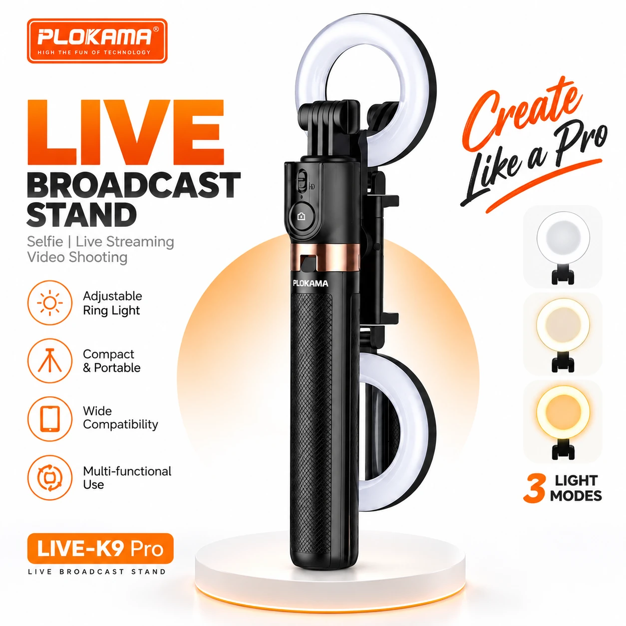 Plokama LIVE-K9 Pro Selfie Stick Tripod