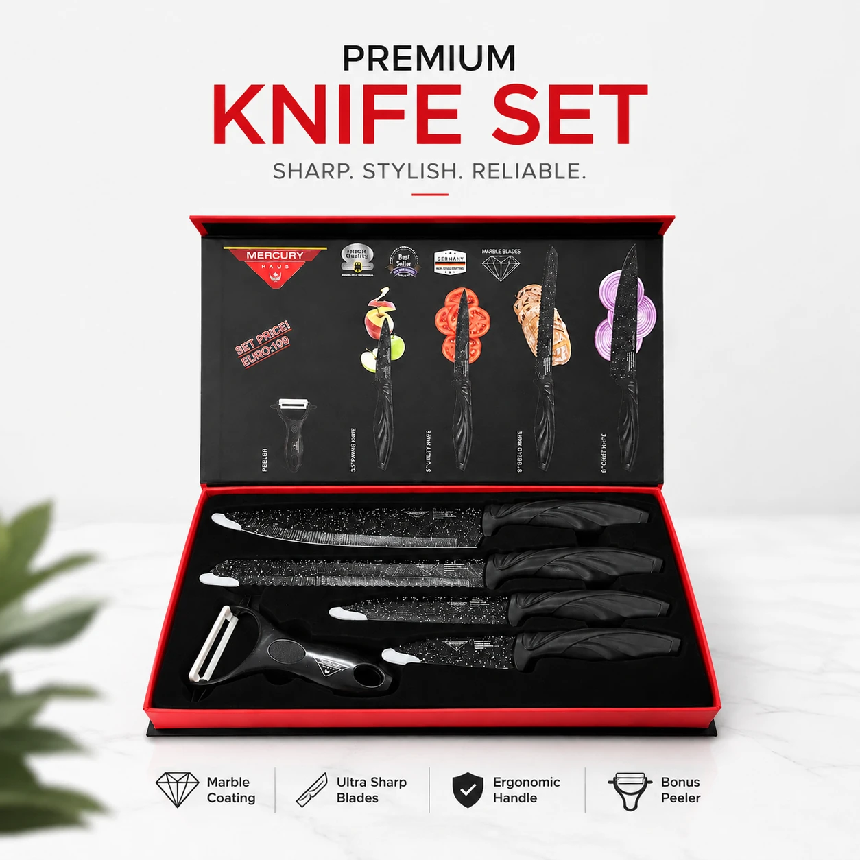 Zepter 5 Pcs Non-Stick Kitchen Knife Set with Peeler