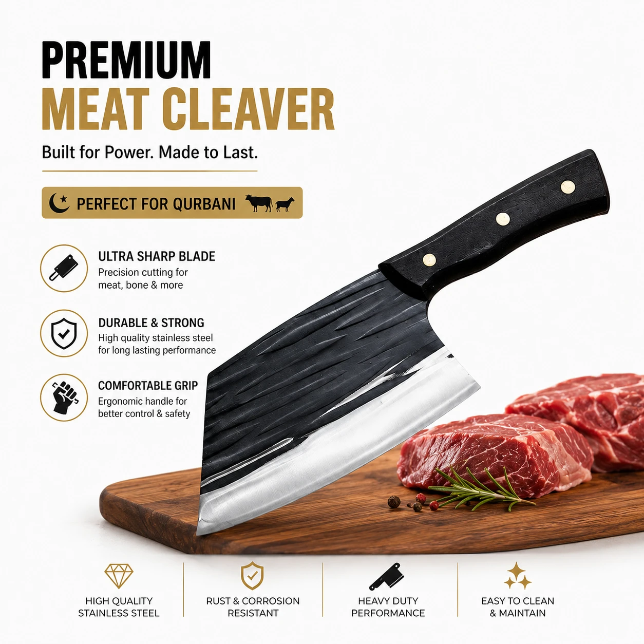 Premium Black Hammered Finish Kitchen Cleaver Knife