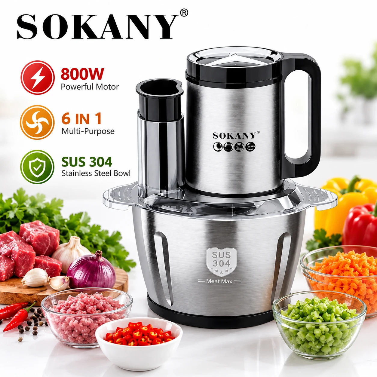 Sokany 6 in 1 Food Processor & Chopper 800W 3L